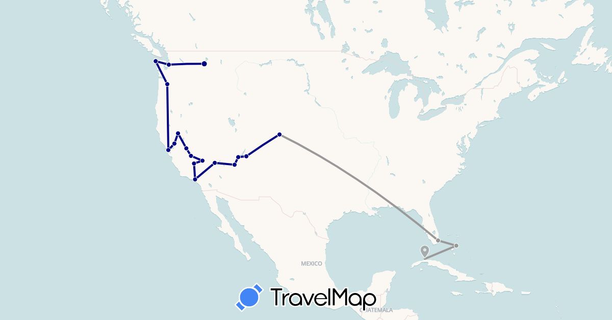 TravelMap itinerary: driving, plane in Bahamas, Cuba, United States (North America)